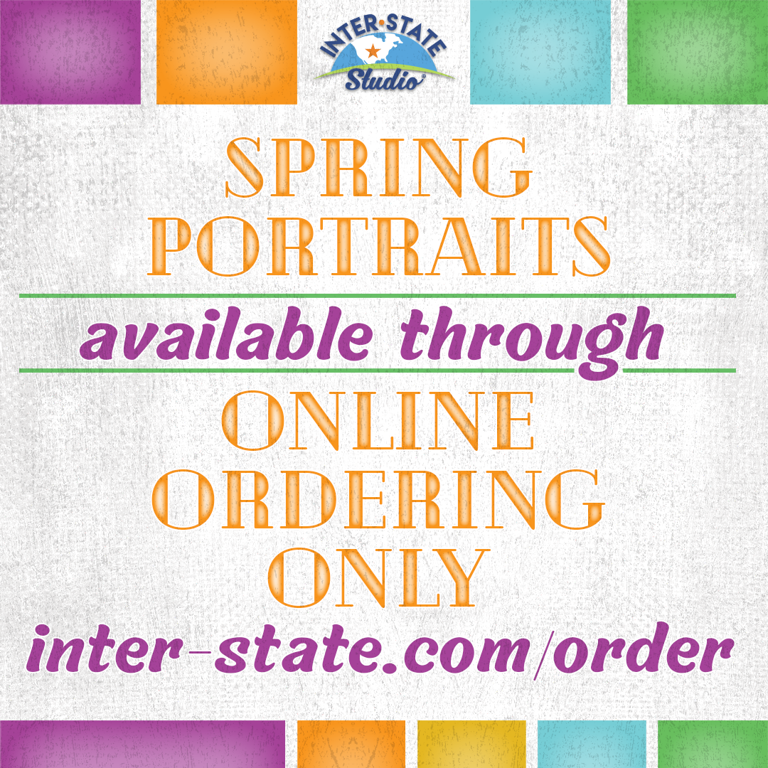 An announcement for Inter-State Studio stating that Spring Portraits are available through online ordering only at inter-state.com/order. The text is displayed in orange and purple against a light, textured background with colorful square accents.